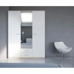 Demeyere Armoire 3 Portes Coloris Blanc Et Naturel Lena -Ledepot-bailleul Soldes Magasin armoire 3 portes coloris blanc et naturel lena 2