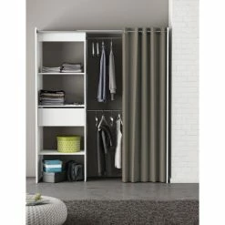 Demeyere Dressing Extensible Blanc Perle Avec Rideau Taupe -Ledepot-bailleul Soldes Magasin armoire placard extensible avec rideau blanc perle 1