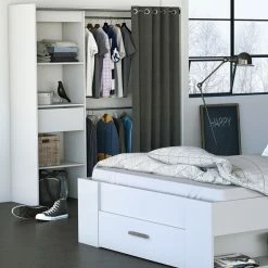 Demeyere Dressing Extensible Blanc Perle Avec Rideau Taupe -Ledepot-bailleul Soldes Magasin armoire placard extensible avec rideau blanc perle 2