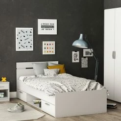 Demeyere Lit 1 Place 90x200 2 Tiroirs Blanc Michigan -Ledepot-bailleul Soldes Magasin lit 90x200cm ohio blanc 1