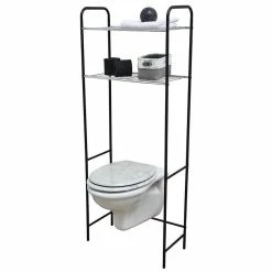 Meuble WC 2 Tablettes Pour Toilettes Noir Et Chrome