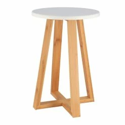 Tabouret Avec Pieds En Bambou & Plateau Blanc